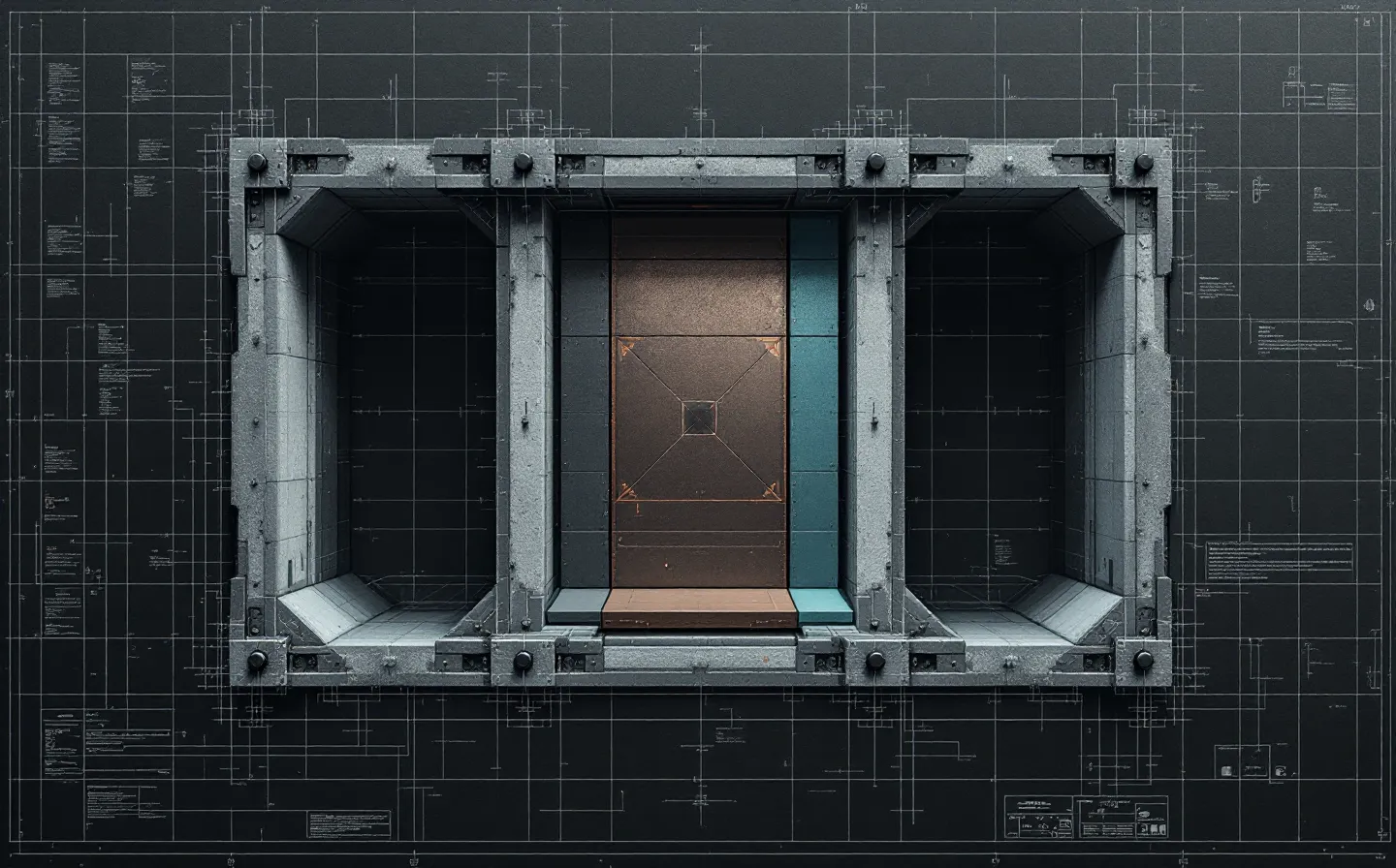 Cold brutalist exposed-grid illustration of the four KLOW spec blocks bolted into one composite frame